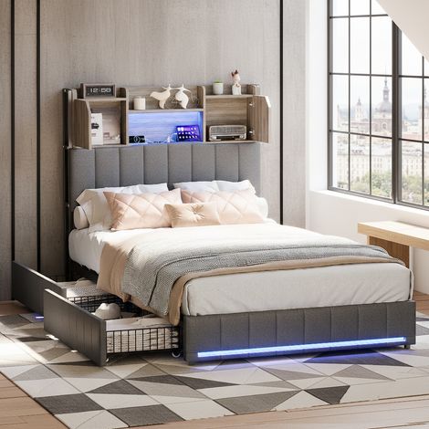 Lit simple 90x200 cm avec sommier LED et USB, lit capitonné avec sommier à lattes et 2 tiroirs,tete de lits avec rangement,pour adultes et adolescents, lin, gris (1/5)