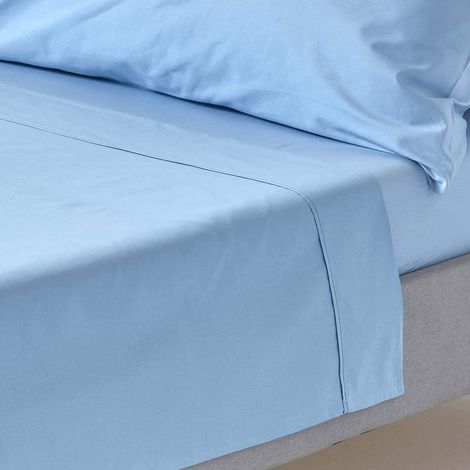 HOMESCAPES Drap plat uni 100% coton égyptien 200 fils coloris bleu 180 x 290 cm (1/5)