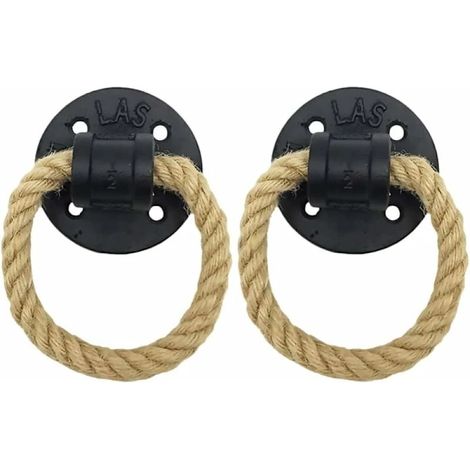 Anneau de poignée de meuble rétro, anneau de poignée de porte rustique en bois, anneau de poignée de meuble classique vintage en fer forgé, anneau de poignée en corde de chanvre, (2 pièces, noir) (1/5)