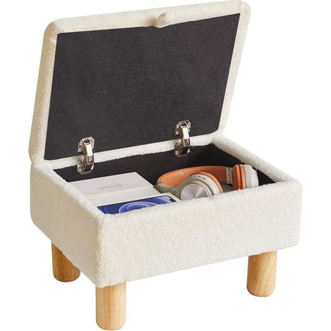 Petit Repose-Pieds avec Rangement, Repose-Pieds en Fausse Fourrure avec Pieds en Bois, Tabouret à Chaussures pour Salon, Chambre à Coucher, entrée, Bureau, Blanc YD-JD136W (1/5)