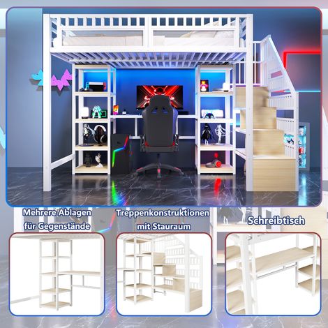 Lit surélevé 140x200, cadre en acier, espace de stockage intégré, échelle à rangements, bureau, éclairage LED avec port USB, sans matelas, blanc (1/5)