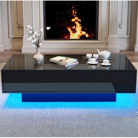 Schwarzer Hochglanz-Couchtisch 115 x 55 x 34 cm mit 2 Schubladen, LED, 30 kg HAVRYA (1/5)