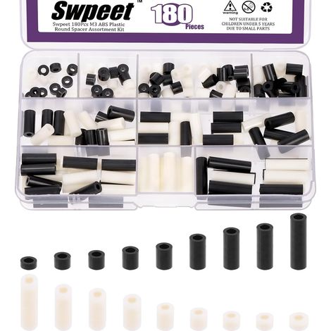 Assortiment de 180 entretoises rondes en nylon noir et blanc avec entretoises en plastique ABS 3,2 mm OD 7 mm, longueur 3 mm, 5 mm, 6 mm, 8 mm, 10 mm, 12 mm, 18 mm, 20 mm, 25 mm pour vis M3 (1/5)