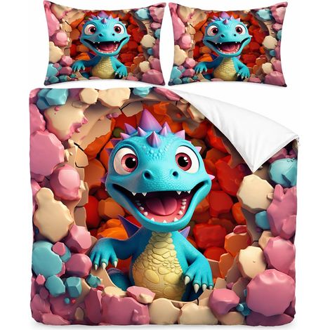 Parure de lit 2 pièces en microfibre avec housse de couette 135 x 200 cm et taie d'oreiller 80 x 80 cm, motif dinosaure, pour enfant garçon avec fermeture éclair (1/5)
