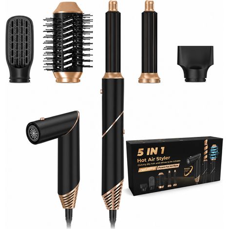 Brosse coiffante à air chaud 5-en-1 noire, pliable, boucleur, lisseur et sèche-cheveux, 220 V UE (1/5)