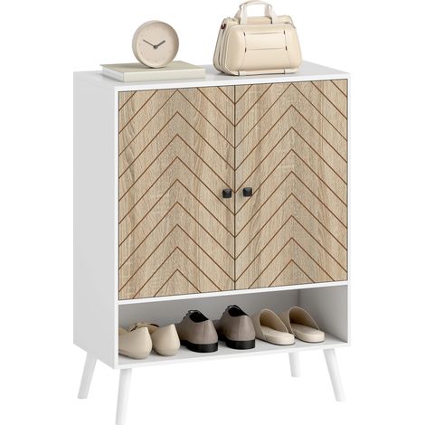 HOMCOM zapatero de 2 puertas con diseño en espiga, estantes ajustables, compartimento abierto, para 15 pares de zapatos, 75x35x97 cm, blanco y natural (1/5)