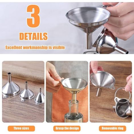 Größen Kleiner Edelstahltrichter Mini-Küchentrichter mit Griff Metalltrichter-Set mit Bürste zum Umfüllen von Flüssigkeiten, Pulver und Öl (5,7/7/9 cm) (1/3)
