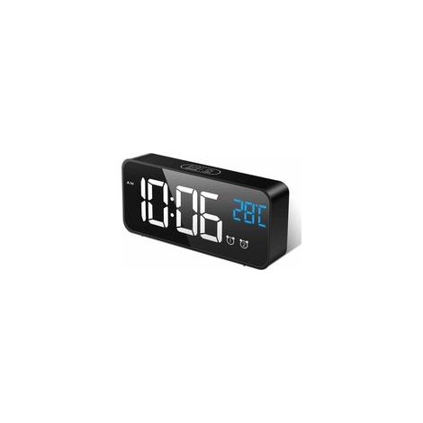 Réveil numérique miroir LED, température, 2 alarmes, luminosité/son réglables, USB, noir – (1/5)