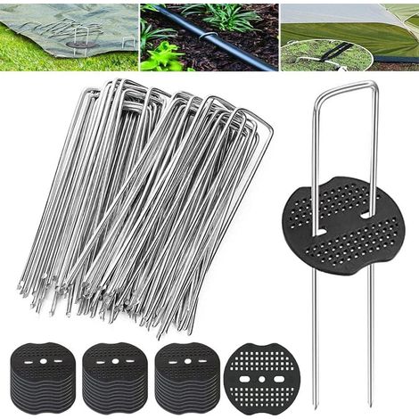 50 Pièces Piquets de Jardin avec 50 Rondelles Piquet de Fixation U-Forme Sardines de Fixation Bache Fixation Galvanisés Ancrages au Sol pour Toiles de paillage (15x3cm)