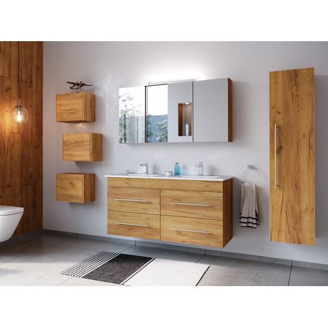 Badmöbelset Helios 4-teilig Spiegelschrank Hochschrank 3er Boxen eiche gold (1/5)