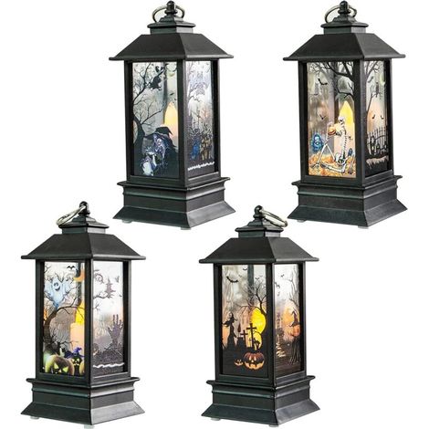 4 pièces Lanterne d'halloween Veilleuse LED Lanterne d'halloween Lanterne à Bougie décoratives Lampe à Vent Suspendue Halloween Bougies sans Flamme Scintillante à LED avec Batterie pour Barre Jardin (1/5)