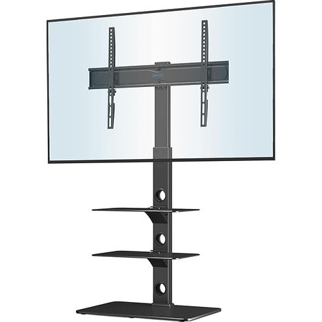 Support TV Pied de Sol pour Téléviseurs Incurvés Plats LED LCD 30-70 Pouces jusqu'à 40 kg, Réglable en Hauteur avec Etagères en Verre Trempé à 3 Niveaux, Max VESA 600x400mm (1/4)
