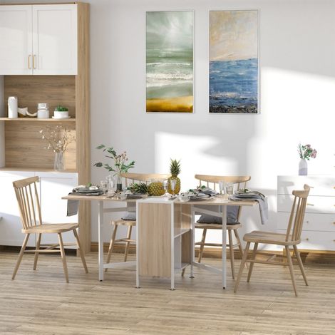 Foldable Drop Leaf Dining Table Folding Workstation for Small Space with Storage Shelves Cubes Oak & White