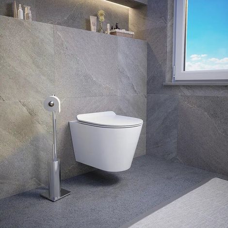 Vaso sospeso rimless in ceramica bianco lucido con sedile soft close Barcellona (1/4)