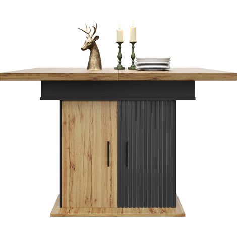 Table à manger extensible 110-140x80 cm pour 4-6 personnes, avec rangement intégré et étagères réglables, MDF et métal noir/bois clair  CHICFURN (1/5)