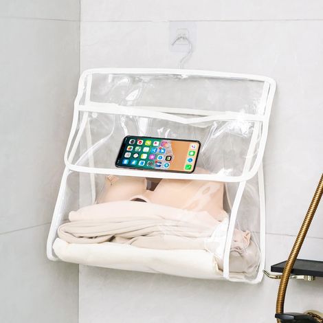 Sac de rangement transparent pour salle de bain, imperméable et anti-poussière, à suspendre pour vêtements et articles de toilette, grande capacité, blanc (1/5)