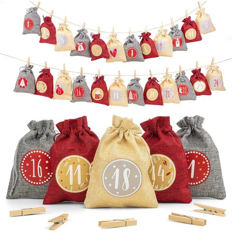 Sac de remplissage pour calendrier de l'Avent -Sac de jute jaune -sacs décoratifs -poche-sacs cadeaux -rouge - 15x10centimètre