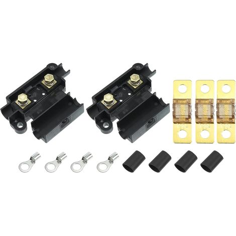 Ensemble Fusible 120A Noir 1 Kit pour Auto Marine Audio 2x Porte-Fusibles, 3x Fusibles 120A, 4x Bornes, 4x Tubes, Porte-Fusible 71x51x18mm, Trou 5.3/5.4mm, Ignifuge