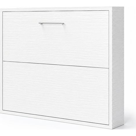 Lit escamotable horizontal KLIKA - Sommier à lattes - Poignée acier brossé 54cm Chêne blanc Matelas mousse 18 cm-Avec matelas-90x190-Cadre Chêne blanc-Façade Chêne blanc (1/5)