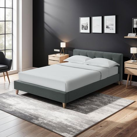 Lit 160x200 cm avec tête de lit en tissu anthracite et pieds bois