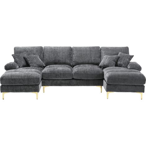 Divano modulare U a 4 posti in ciniglia grigia con chaise longue, 272 x 136 x 88 cm, MODENUIT (1/5)