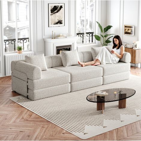 Divano letto in ciniglia 2 in 1 con vano nell’accoudoir, telai metallici, khaki DESVIAE (1/5)