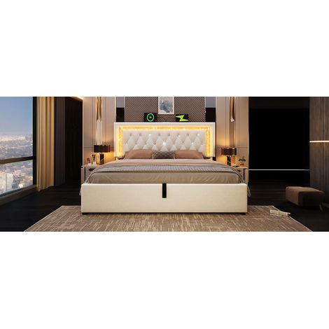 Lit beige 140x200 cm en velours avec tête de lit LED, ports USB et Type-C, coffre hydraulique et matelas pour chambre et studio (1/5)