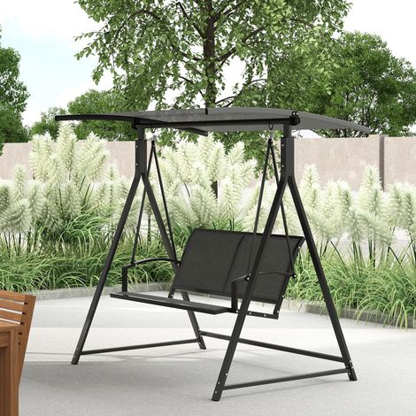 Altalena da giardino a 2 posti con tettuccio regolabile e struttura triangolare in metallo, portata massima 220 kg, dimensioni 160x112x162 cm, colore grigio.