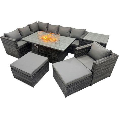 Fimous Rattan Garden Furniture Dining Set 9-seater Gas Firepit Dining Table Corner Sofa Set with 2 Big Stools Side Table Dark Grey Mixed (1/5)