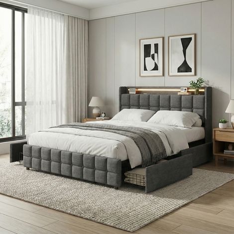 Letto con 4 cassetti 160x200, letto matrimoniale con illuminazione LED, testiera con vano contenitore, letto per adulti con stazione di ricarica, 2 porte USB, 2 prese UE, lino, stile scandinavo(160x20