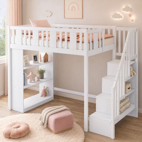 MEUBLIV Letto a soppalco 90x200 cm bianco – con scala contenitore, senza materasso (1/5)