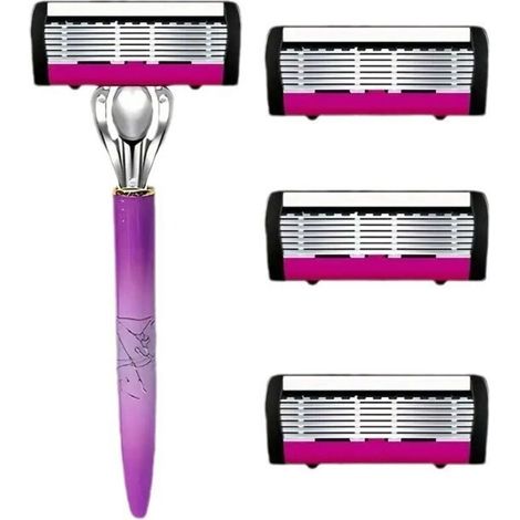 Rasoir manuel à 6 lames pour femme avec 1 manche ergonomique + 3 cartouches de rechange - pour l'épilation intégrale du corps (jambes, aisselles, bras) - Conception incurvée, étanche et lavable (1/4)
