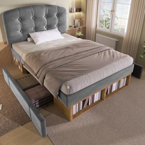 DESVIAE Lit simple rembourré avec rangement et tiroirs 90 x 200 cm tête de lit réglable en hauteur velours gris sommier à lattes inclus (1/5)