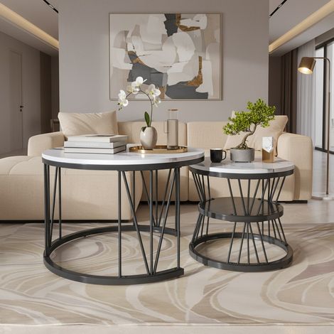 Tavolino rotondo da salotto, set di 2 tavolini impilabili 70/45 cm, tavolini da appoggio con struttura in metallo a forma di V, effetto marmo bianco, design moderno per soggiorno e camera da letto, bi