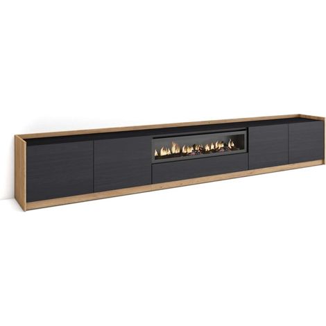 Mueble TV Cútar-02 de 310x50x37 cm con chimenea eléctrica, color negro y roble (1/4)