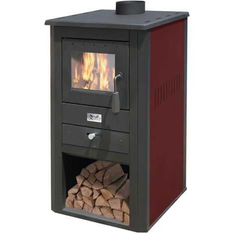 Poele a' bois mode'le "pallade" 13kw couleur noir et bordeaux en acier avec porte de ventilation anti-bue'e