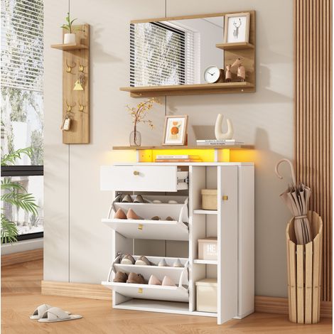 Meuble chaussures d'entrée 3 pièces avec miroir, LED, blanc 105 x 25 x 151,5 cm DESVIAE (1/4)