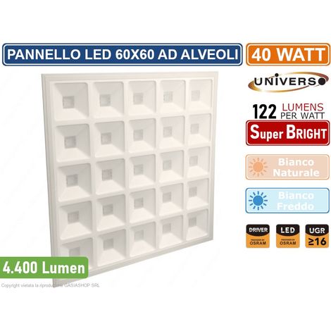 PANNELLO LED QUADRATO AD ALVEOLI MONTAGGIO AD INCASSO 60X60 40W CON DRIVER 4400 LUMEN -  4000K 6500K - Colore Luce: Bianco Naturale (1/2)