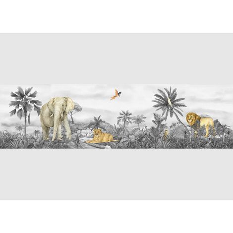 Frise auto-collante Animaux de la jungle lion et éléphant en noir et blanc - 1 rouleau de 0,138 x 5 m (1/5)