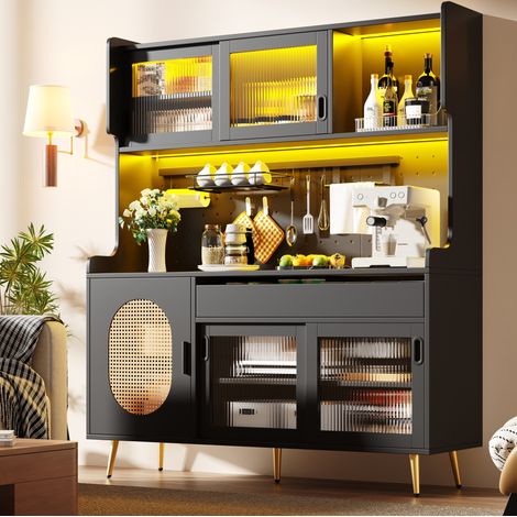 Sideboard en MDF noir 145 x 39 x 171 cm, grand rangement, tiroirs, panneau perforé et éclairage LED (1/5)