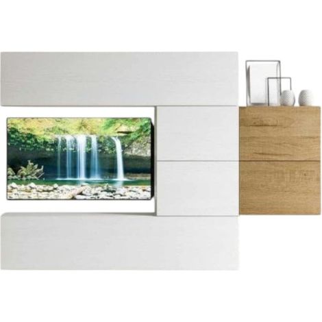Mur TV modulable suspendu design blanc et naturel Lina L 234cm - 6 pièces (1/3)