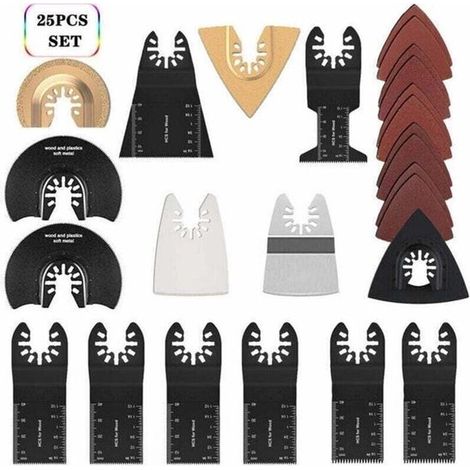 Set di accessori per lame di seghe multifunzione, composto da 25 pezzi. Adatto per seghe alternative e lame universali. Compatibile con Fein Multimaster.
