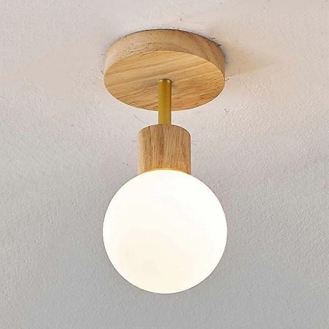 Plafonnier encastré moderne de style nordique en verre avec base en bois, éclairage doux à intensité variable, culot E27 (1/5)