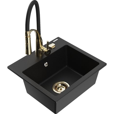 Mexen Milo évier en granit 1 bac avec robinet de cuisine Aster, noir - 6505-77-73450-57-G (1/5)
