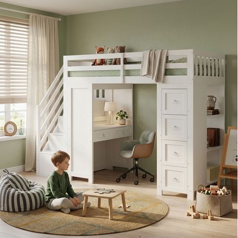 Hochbett 90x200 cm für Kinder, modern, Kiefer massiv und MDF in Weiß, mit Schreibtisch, 6 Schubladen und Regalen (1/5)