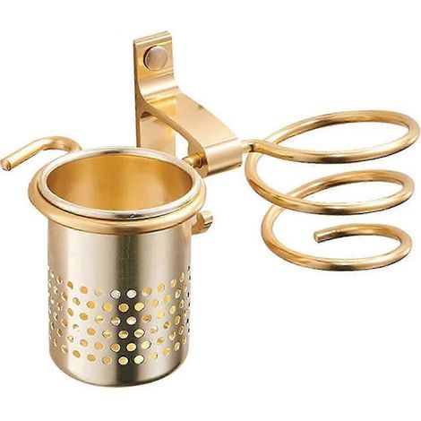Support pour sèche-cheveux avec porte-gobelets, étagère de rangement murale en métal doré pour salle de bain (1/5)
