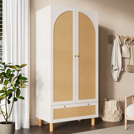 Kleiderschrank Garderobenschrank mit 2 Türen & Rattan, Landhausstil Weiß mit großer Schublade, höhenverstellbaren Regalen & Kleiderstange, Inkl. Kippsicherung, 180x85x52 cm (H/B/T) (1/5)