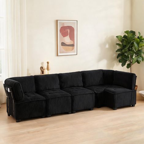 Canapé modulaire 6 places en corduroy noir configurable en U ou L (1/5)