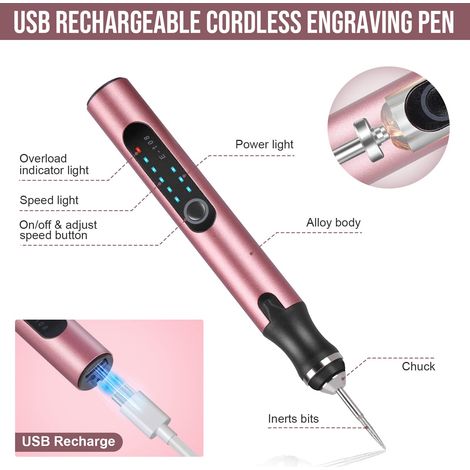 Stylo à graver électrique à 37 embouts, machine à graver sans fil rechargeable par USB, graveur rotatif portable pour bijoux, bois, verre et pierre (rouge rose) (1/4)