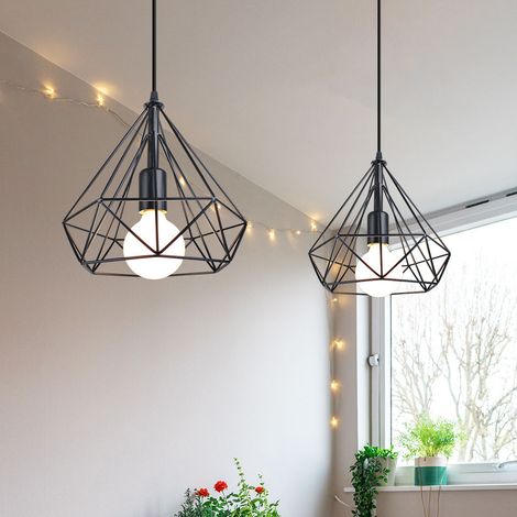 Suspension Luminaire Industrielle 25cm 2 Pack Rétro Lustre Cage Diamant en Métal Plafonnier Luminaire Couloir Chambre Noir